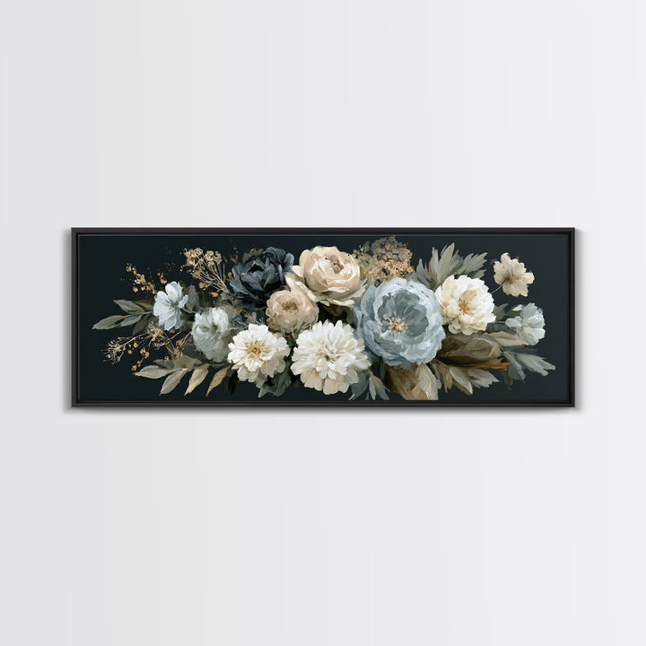 Moody Dark Background Bouquet for Formal Dining Framed Canvas Print, Dining Room Art, Modern Decor, Dining Room Decor, Dining, DRA-3x1-27