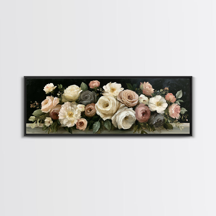 Moody Dark Background Bouquet for Formal Dining Canvas Print, Dining Room Art, Trendy Wall Art, Dining Room Decor, Dining, DRA-3x1-3
