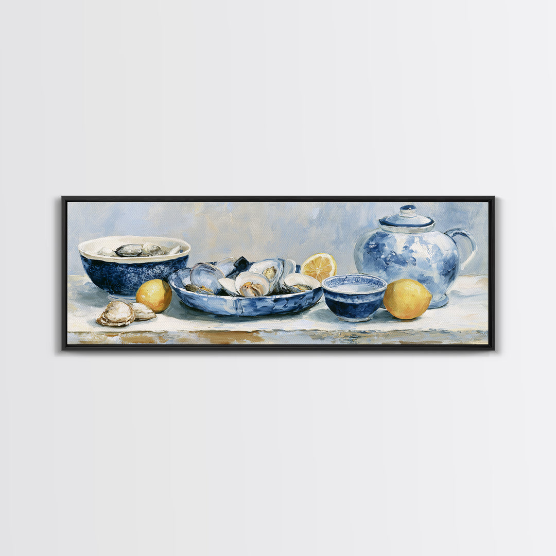 Shellfish and Lemon Still Life Framed Canvas Print, Dining Room Art, Trendy Wall Art, Dining Room Decor, Watercolor Art, Dining, DRA-3x1-32