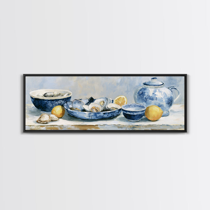 Shellfish and Lemon Still Life Framed Canvas Print, Dining Room Art, Trendy Wall Art, Dining Room Decor, Watercolor Art, Dining, DRA-3x1-32