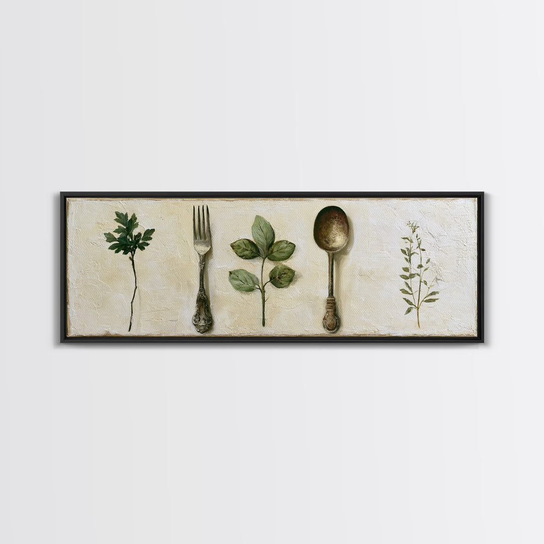 Minimal Fork Spoon and Herb Composition Canvas Print, Dining Room Art, Print, Dining Room Decor, Dining, Living Room Decor, DRA-3x1-38