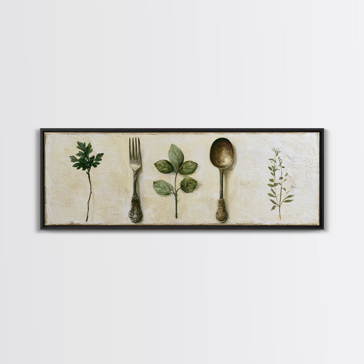 Minimal Fork Spoon and Herb Composition Canvas Print, Dining Room Art, Print, Dining Room Decor, Dining, Living Room Decor, DRA-3x1-38