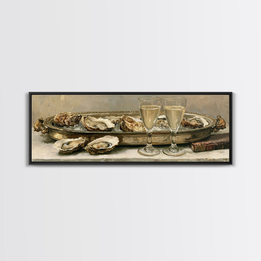 Elegant Oyster and Champagne Still Life Framed Canvas Print, Dining Room Art, Dining Room Decor, Oil Painting, Dining, DRA-3x1-47