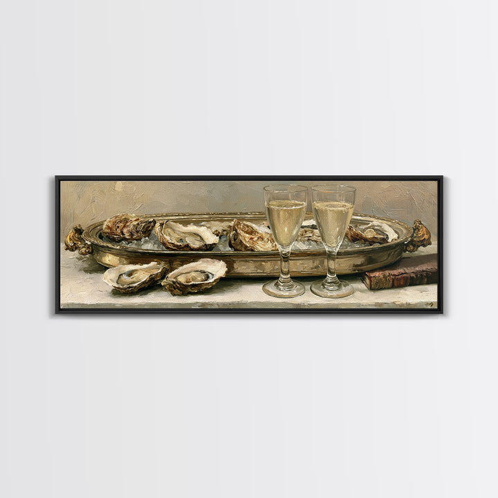 Elegant Oyster and Champagne Still Life Framed Canvas Print, Dining Room Art, Dining Room Decor, Oil Painting, Dining, DRA-3x1-47