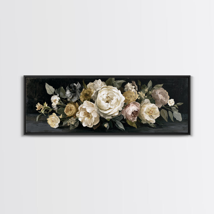 Moody Dark Background Bouquet for Formal Dining Framed Canvas Print, Dining Room Art, Wall Art, Dining Room Decor, Dining, DRA-3x1-51