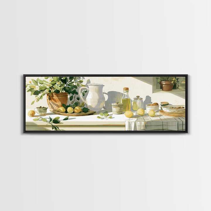 Sunlit Farmhouse Table Objects Without Room View Framed Canvas Print, Dining Room Art, Kitchen Art, Dining Room Decor, Dining, DRA-3x1-57