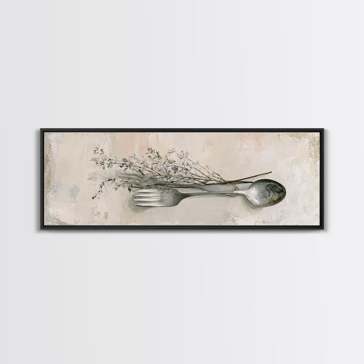 Minimal Fork Spoon and Herb Composition Canvas Print, Dining Room Art, Coastal Decor, Dining Room Decor, Oil Painting, Dining, DRA-3x1-62