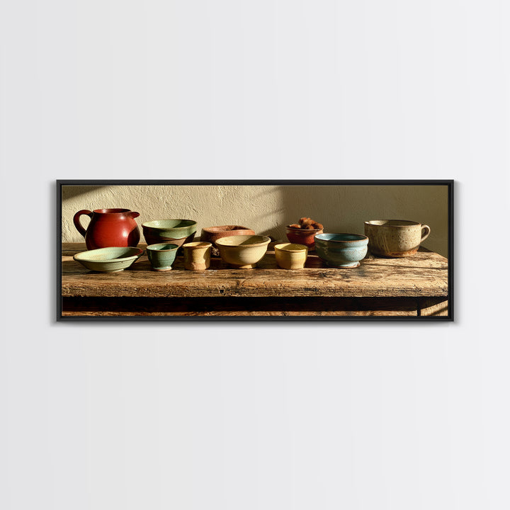 Sunlit Farmhouse Table Objects Without Room View Framed Canvas Print, Dining Room Art, Kitchen Art, Dining Room Decor, Dining, DRA-3x1-81
