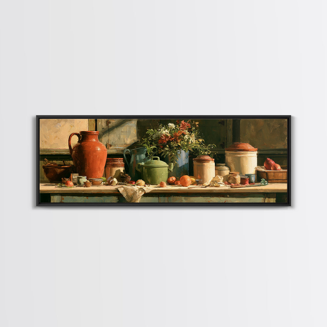 Sunlit Farmhouse Table Objects Without Room View Framed Canvas Print, Dining Room Art, Print, Dining Room Decor, Dining, DRA-3x1-9