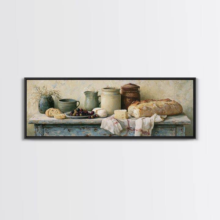 Rustic Bread Olives and Cheese Still Life Canvas Print, Dining Room Art, Dining Room Decor, Watercolor Art, Dining, DRA-3x1-94