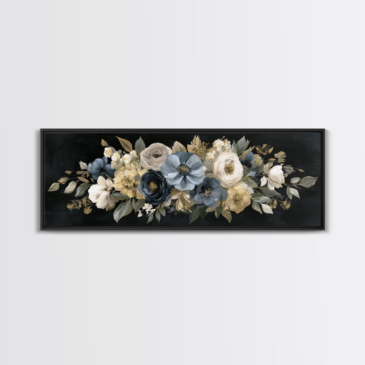 Moody Dark Background Bouquet for Formal Dining Framed Canvas Print, Dining Room Art, Wall Decor, Dining Room Decor, Dining, DRA-3x1-99