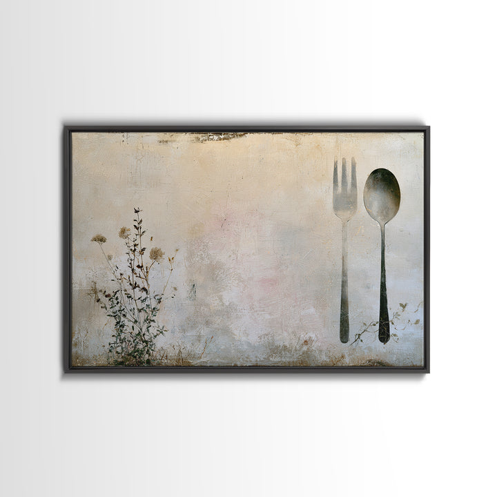 Minimal Fork Spoon and Herb Composition Framed Canvas Print, Dining Room Art, Kitchen Decor, Dining Room Decor, Oil Painting, DRA-3x2-50