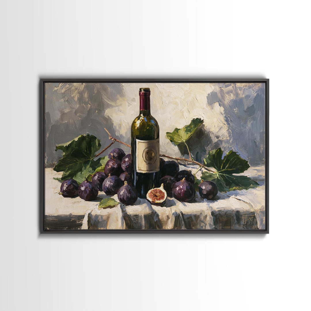 Wine Bottle and Figs on a Linen Framed Canvas Print, Dining Room Art, Boho Decor, Dining Room Decor, Abstract Art, Dining, DRA-3x2-55