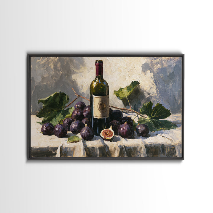 Wine Bottle and Figs on a Linen Framed Canvas Print, Dining Room Art, Boho Decor, Dining Room Decor, Abstract Art, Dining, DRA-3x2-55