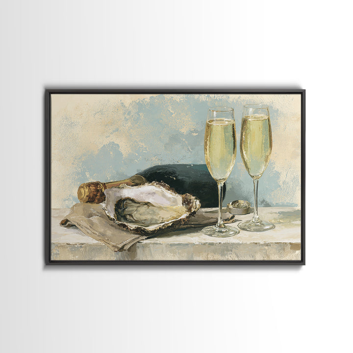 Elegant Oyster and Champagne Still Life Framed Canvas Print, Dining Room Art, Kitchen Prints, Dining Room Decor, Oil Painting, DRA-3x2-59