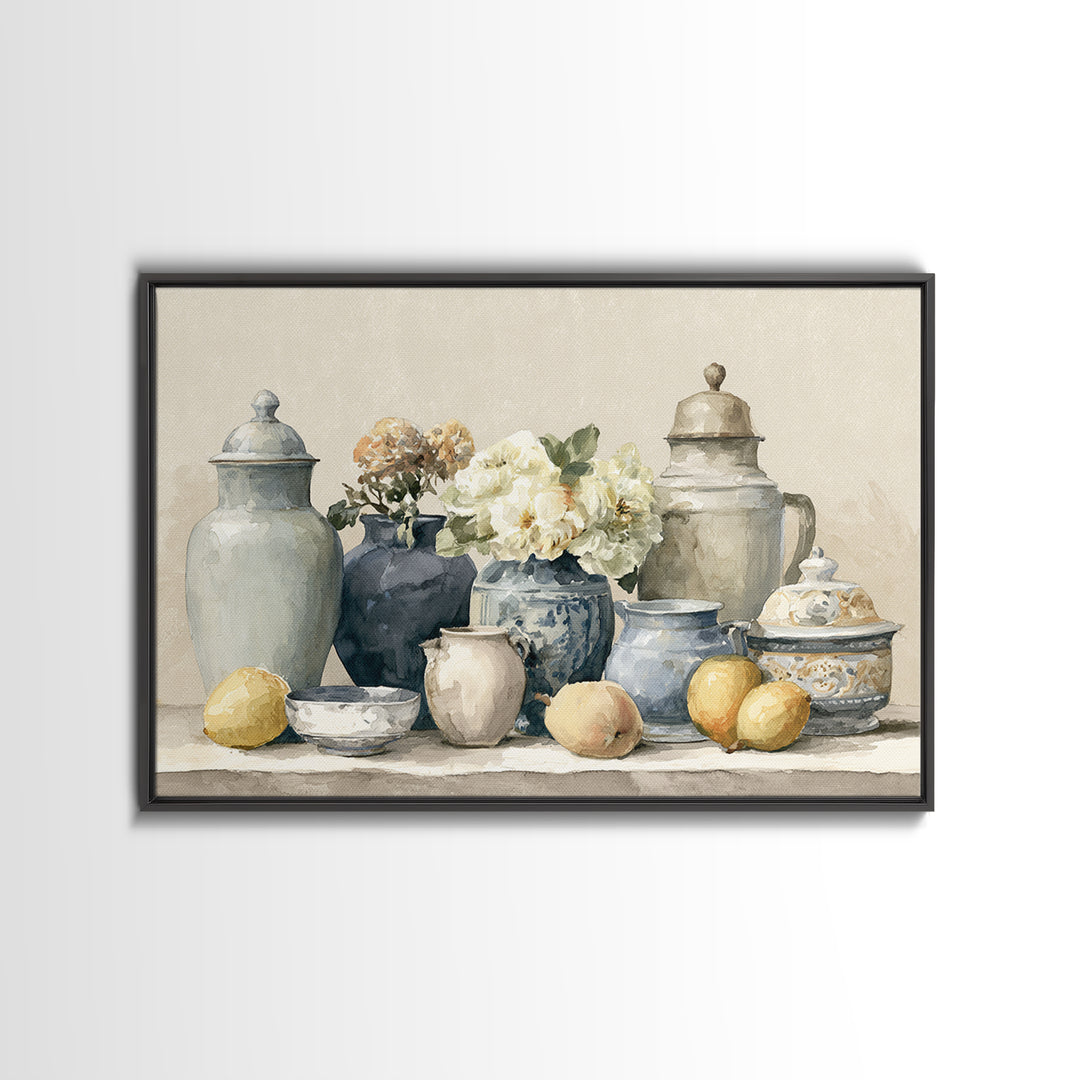 Classic Dutch Feast Arrangement Framed Canvas Print, Dining Room Art, Abstract Art, Dining Room Decor, Watercolor Art, Dining, DRA-3x2-71