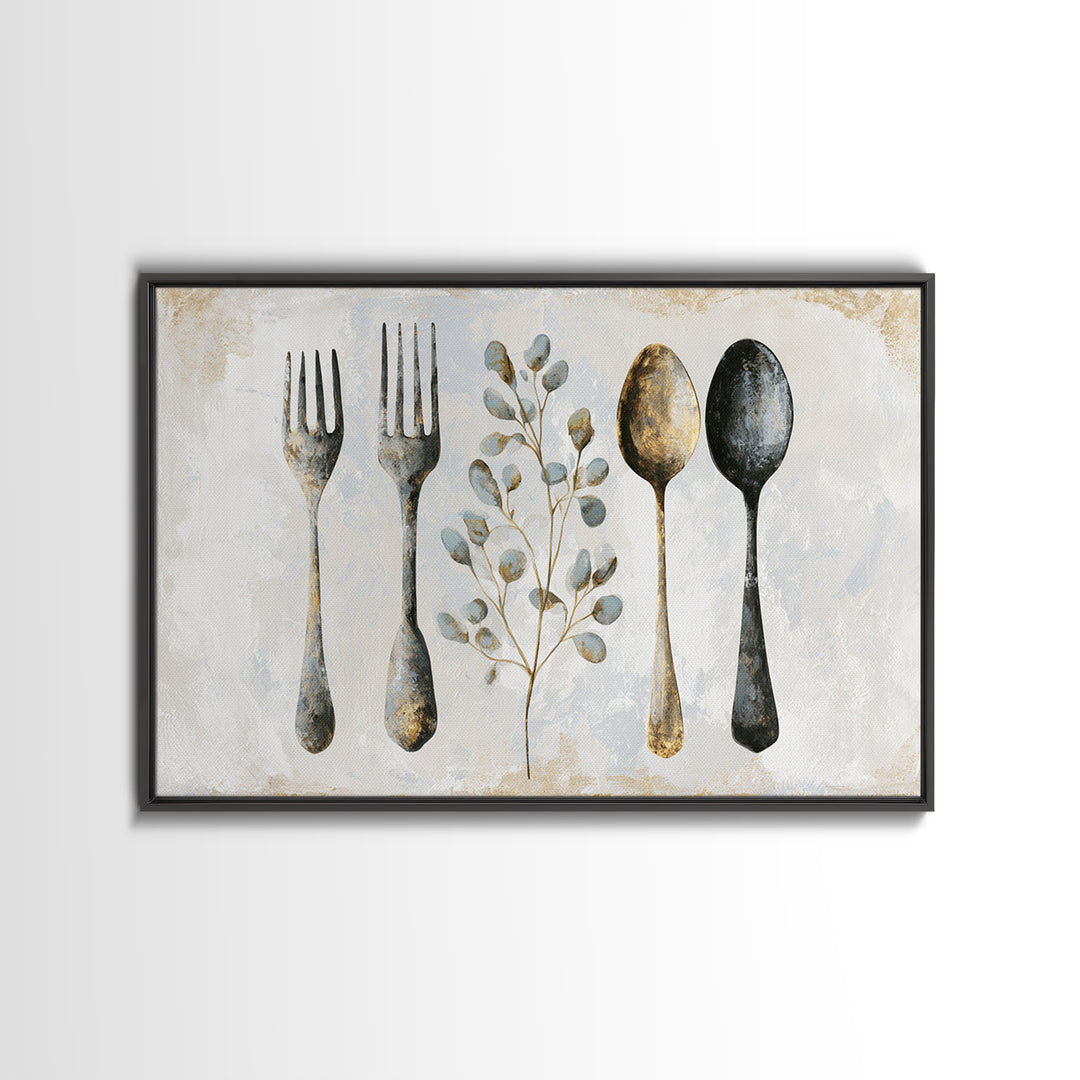 Minimal Fork Spoon and Herb Composition Framed Canvas Print, Dining Room Art, Kitchen Decor, Dining Room Decor, Oil Painting, DRA-3x2-74
