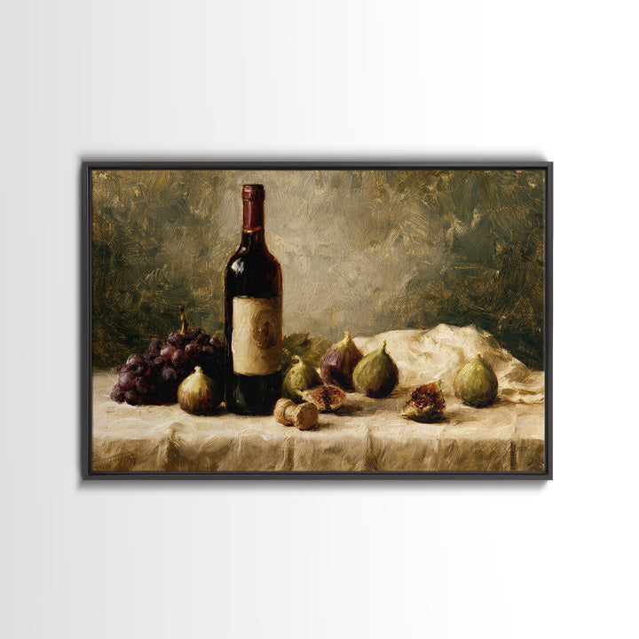 Wine Bottle and Figs on a Linen Framed Canvas Print, Dining Room Art, Kitchen Art, Dining Room Decor, Abstract Art, Dining, DRA-3x2-79
