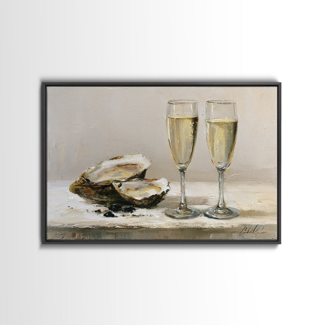 Elegant Oyster and Champagne Still Life Canvas Print, Dining Room Art, Neutral Decor, Dining Room Decor, Fine Art, Dining, DRA-3x2-83