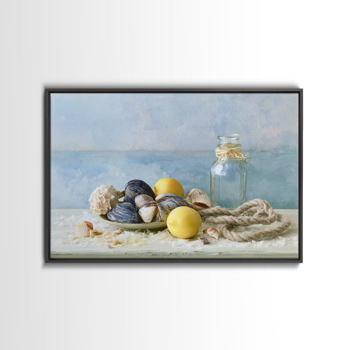 Shellfish and Lemon Still Life Framed Canvas Print, Dining Room Art, Trendy Wall Art, Dining Room Decor, Fine Art, Dining, DRA-3x2-92