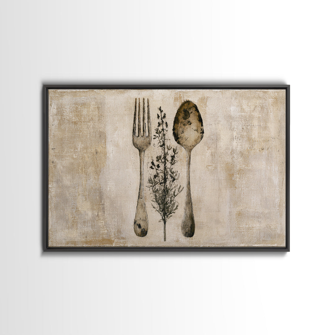 Minimal Fork Spoon and Herb Composition Canvas Print, Dining Room Art, Living Room Decor, Dining Room Decor, Fine Art, Dining, DRA-3x2-98