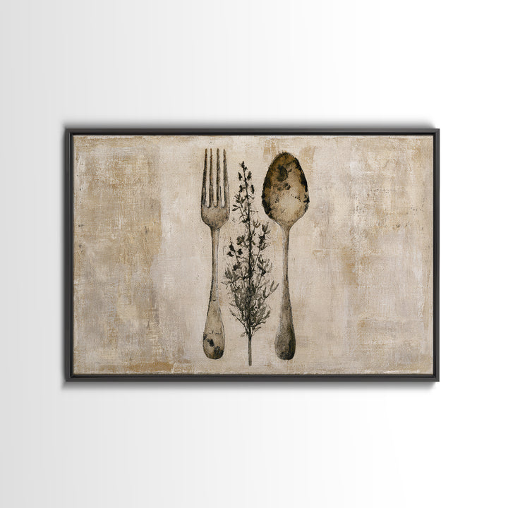 Minimal Fork Spoon and Herb Composition Canvas Print, Dining Room Art, Living Room Decor, Dining Room Decor, Fine Art, Dining, DRA-3x2-98