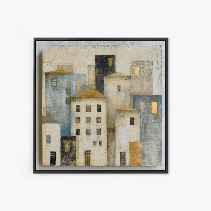 Naive Cityscape with Patterned Windows Framed Canvas Print, Eclectic Art, Art, Living Room Decor, Fine Art, Eclectic, ECL-1x1-12