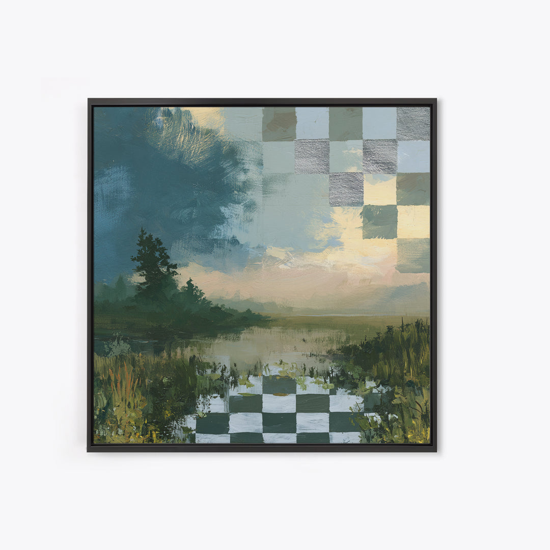 Playful Checkerboard Landscape Framed Canvas Print, Eclectic Art, Printable Wall Art, Living Room Decor, Fine Art, Eclectic, ECL-1x1-33