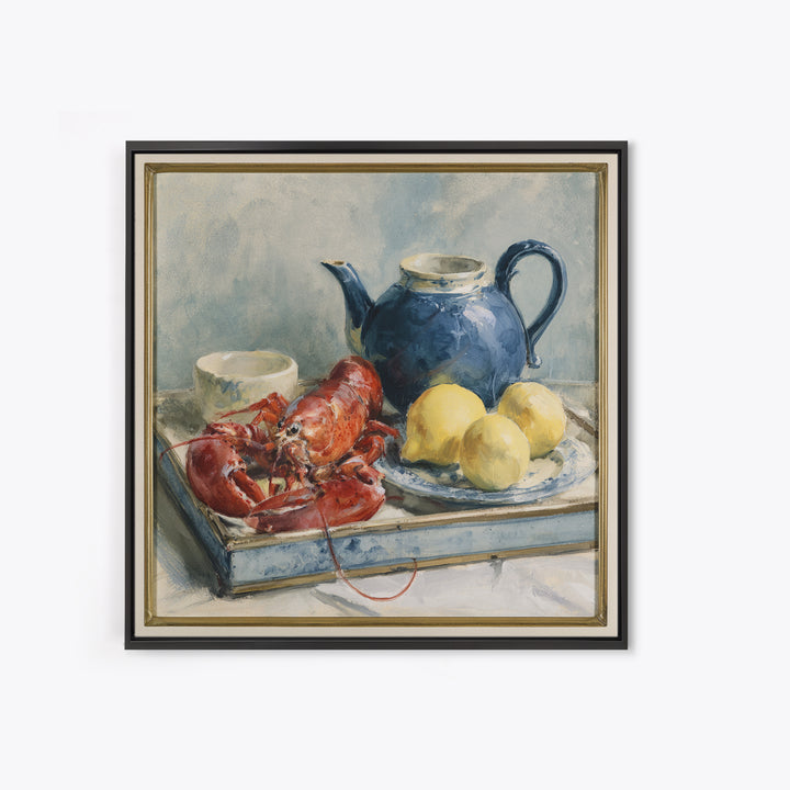Unexpected Lobster and Lemons Still Life Framed Canvas Print, Eclectic Art, Fine Art Print, Living Room Decor, Abstract Art, ECL-1x1-42