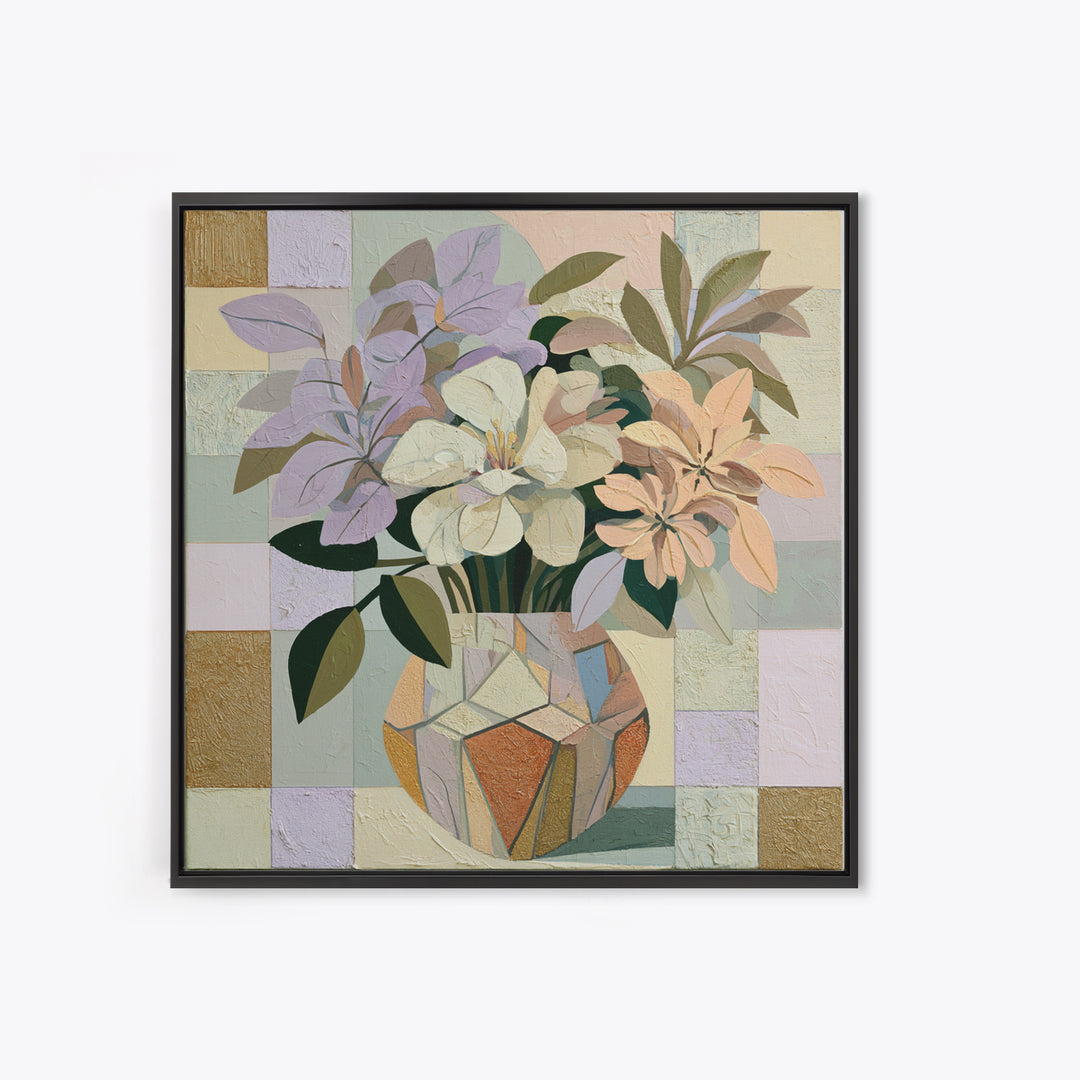 Retro Futurist Vase of Flowers Framed Canvas Print, Eclectic Art, Textured Painting, Living Room Decor, Fine Art, Eclectic, ECL-1x1-58