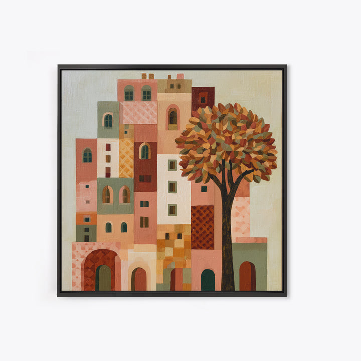 Naive Cityscape with Patterned Windows Canvas Print, Eclectic Art, Portrait, Living Room Decor, Eclectic, Modern Decor, ECL-1x1-60
