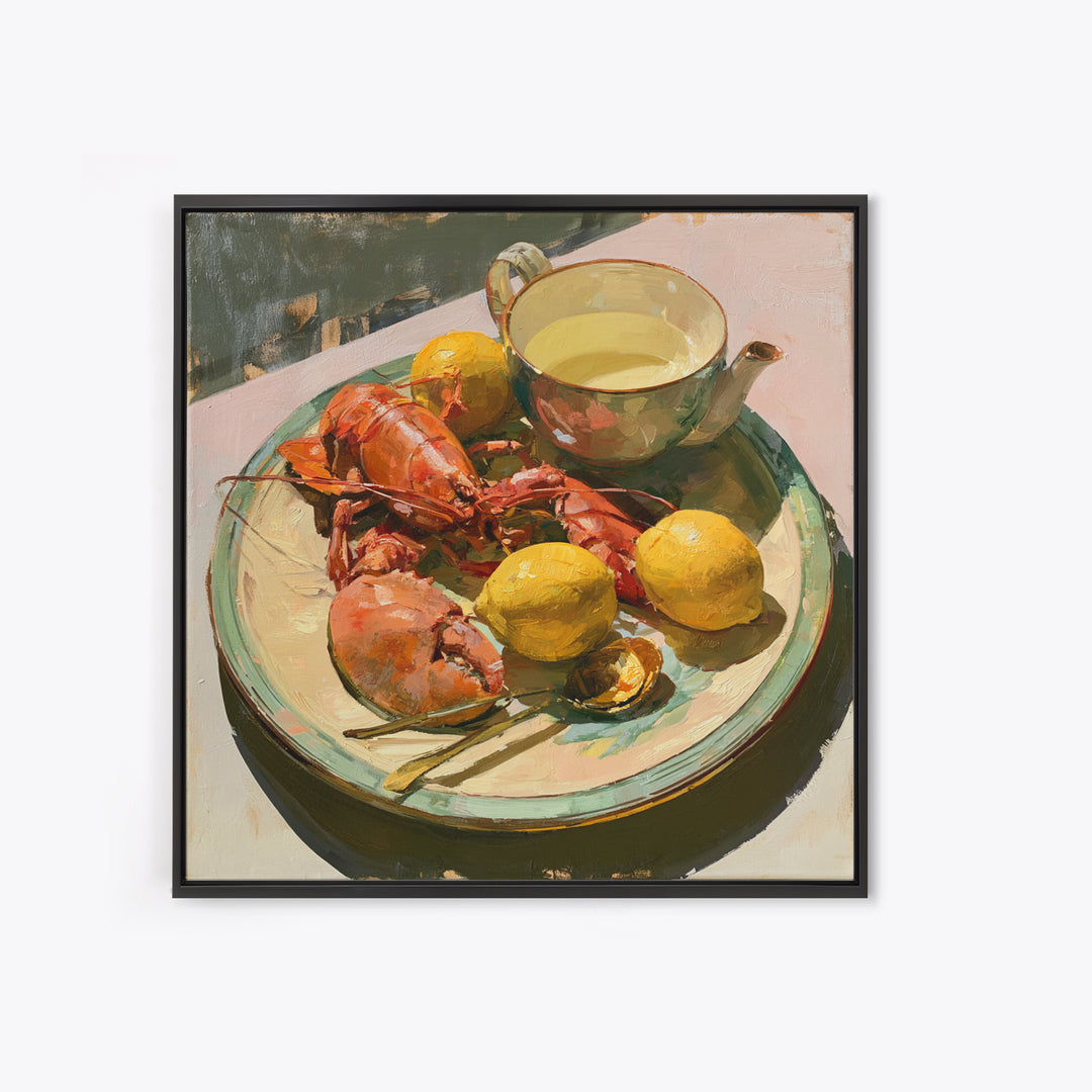 Unexpected Lobster and Lemons Still Life Framed Canvas Print, Eclectic Art, Fine Art Print, Living Room Decor, Abstract Art, ECL-1x1-66