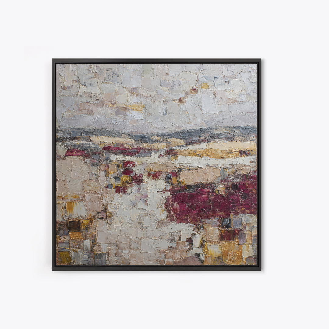 Naive Cityscape with Patterned Windows Framed Canvas Print, Eclectic Art, Boho Wall Art, Living Room Decor, Abstract Art, ECL-1x1-84