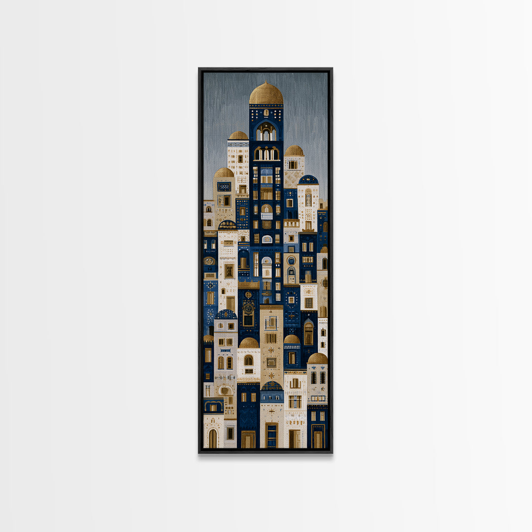 Naive Cityscape with Patterned Windows Framed Canvas Print, Eclectic Art, Portrait, Living Room Decor, Fine Art, Eclectic, ECL-1x3-24