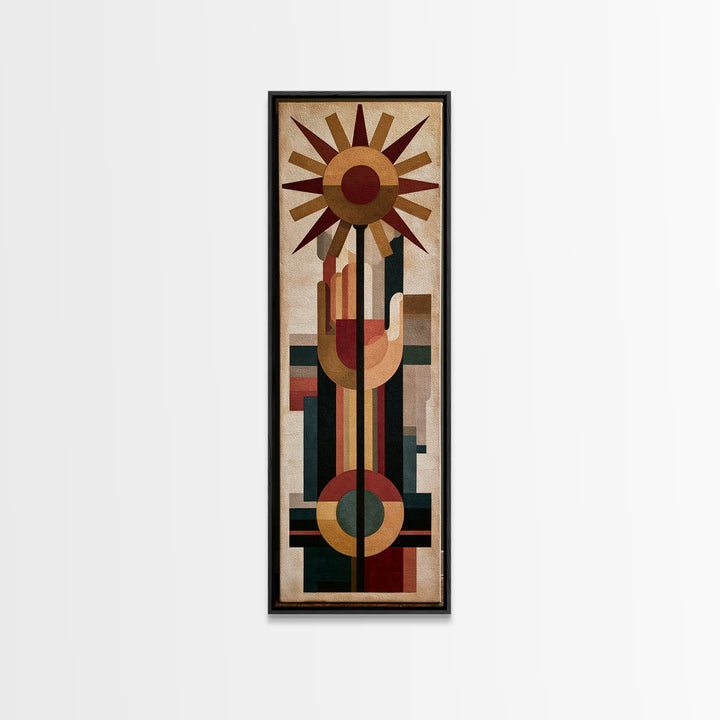 Geometric Sun and Hand Motif Framed Canvas Print, Eclectic Art, Boho Decor, Living Room Decor, Abstract Art, Eclectic, ECL-1x3-3