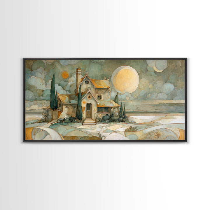 Folk Art House Framed Canvas Print, Eclectic Art, Digital Print, Living Room Decor, Watercolor Art, Eclectic, Fine Art Print, ECL-2x1-51