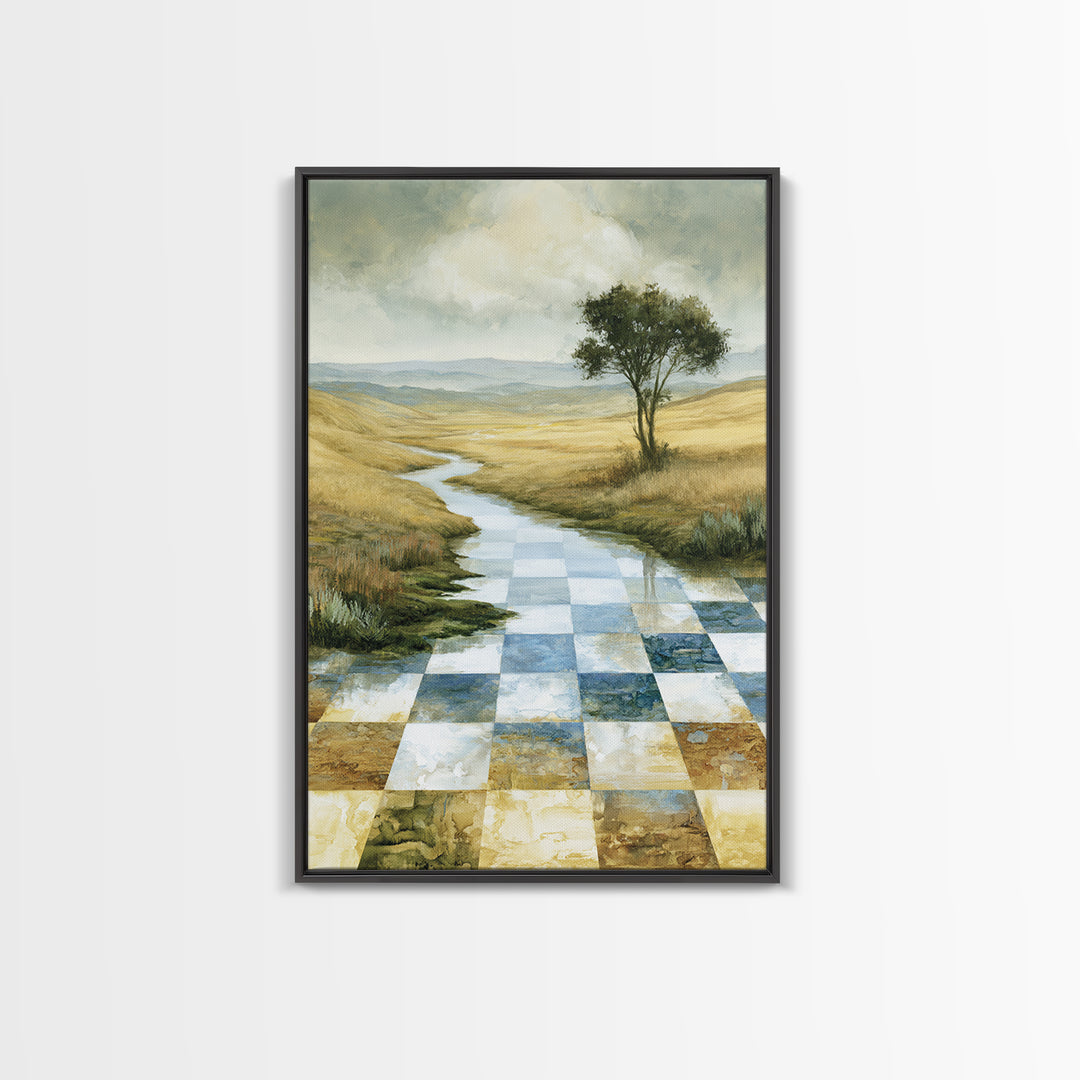 Playful Checkerboard Landscape Framed Canvas Print, Eclectic Art, Dopamine Decor, Living Room Decor, Fine Art, Eclectic, ECL-2x3-17
