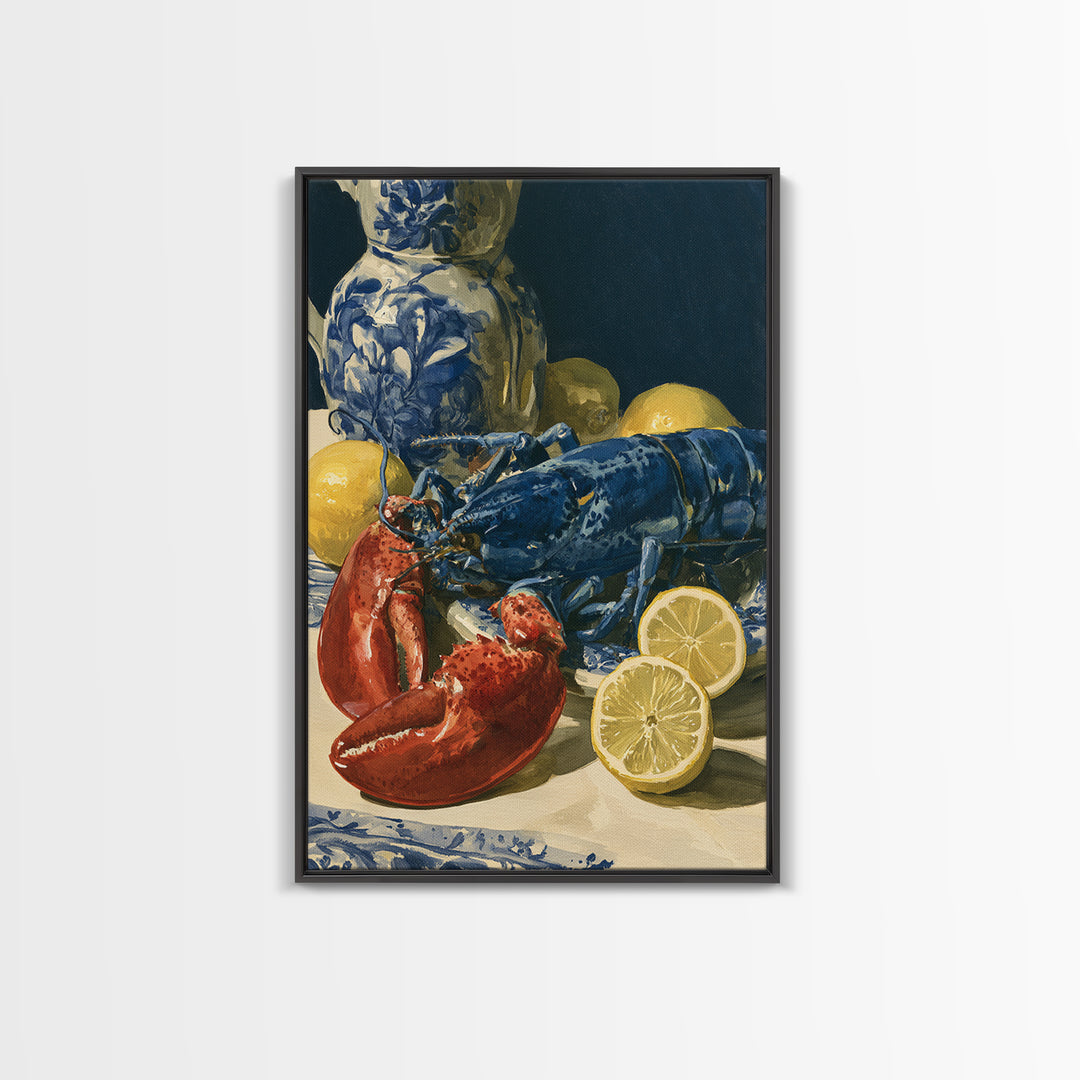 Unexpected Lobster and Lemons Still Life Framed Canvas Print, Eclectic Art, Digital Art, Living Room Decor, Abstract Art, ECL-2x3-2