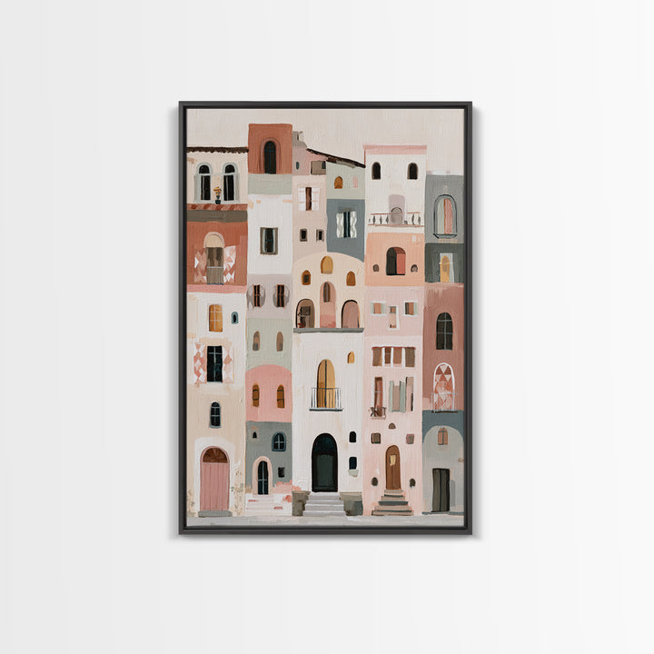 Naive Cityscape with Patterned Windows Framed Canvas Print, Eclectic Art, Neutral Decor, Living Room Decor, Oil Painting, ECL-2x3-20