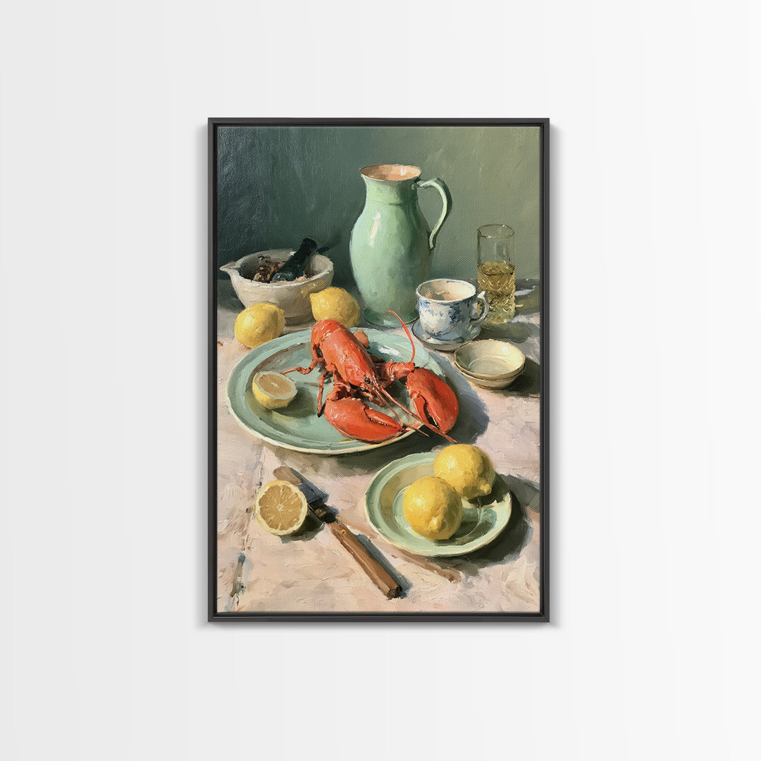 Unexpected Lobster and Lemons Still Life Framed Canvas Print, Eclectic Art, Digital Art, Living Room Decor, Abstract Art, ECL-2x3-26