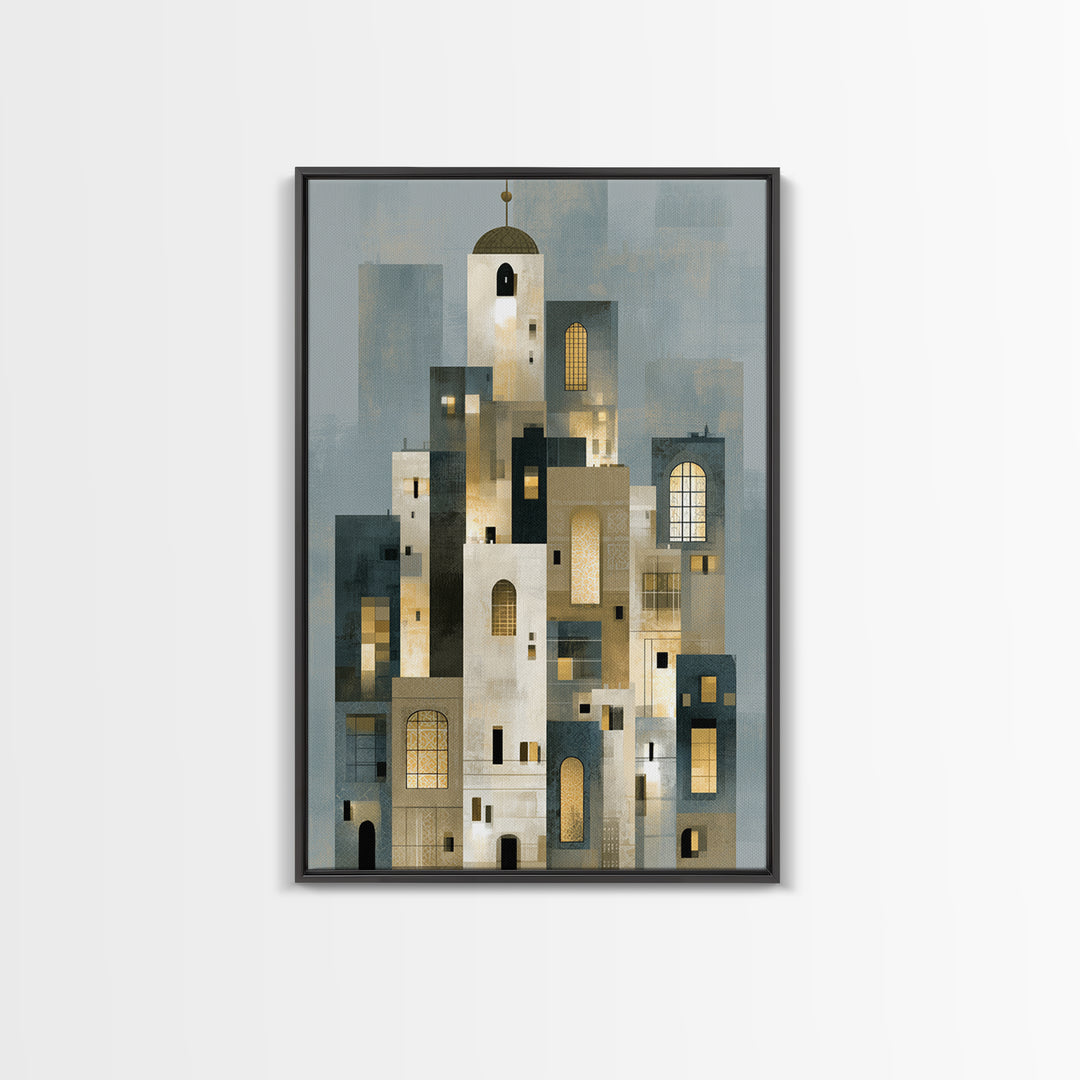 Naive Cityscape with Patterned Windows Framed Canvas Print, Eclectic Art, Living Room Decor, Watercolor Art, Eclectic, ECL-2x3-44