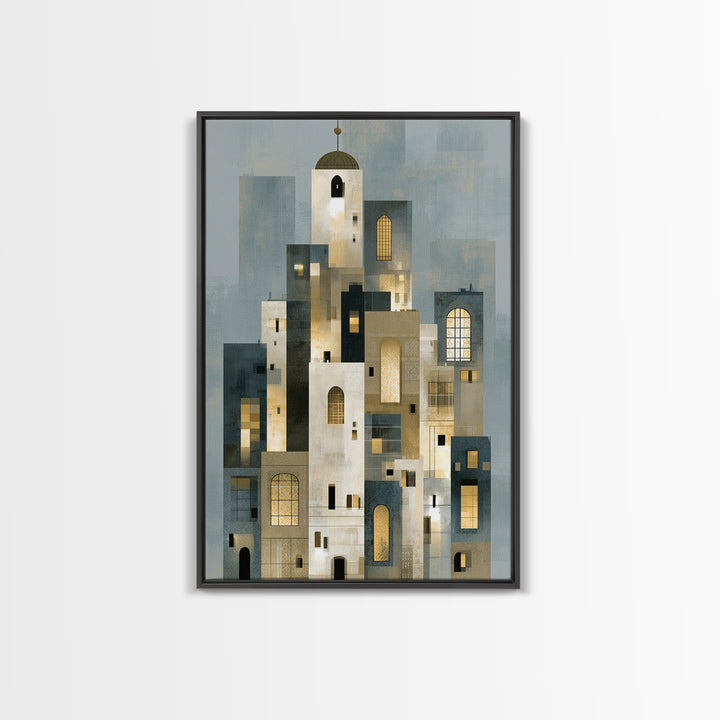 Naive Cityscape with Patterned Windows Framed Canvas Print, Eclectic Art, Living Room Decor, Watercolor Art, Eclectic, ECL-2x3-44