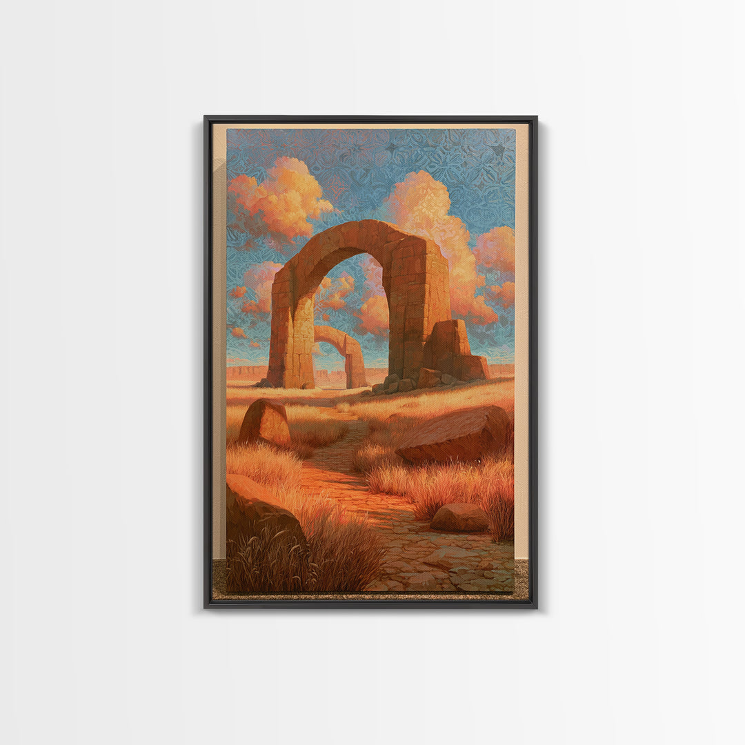 Surreal Desert with Floating Arches Framed Canvas Print, Eclectic Art, Printable, Living Room Decor, Oil Painting, Eclectic, ECL-2x3-6