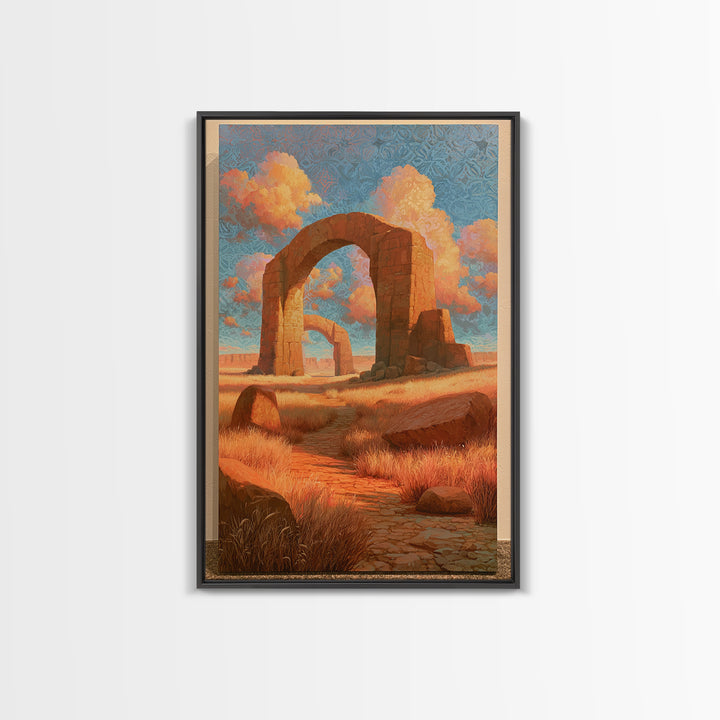 Surreal Desert with Floating Arches Framed Canvas Print, Eclectic Art, Printable, Living Room Decor, Oil Painting, Eclectic, ECL-2x3-6