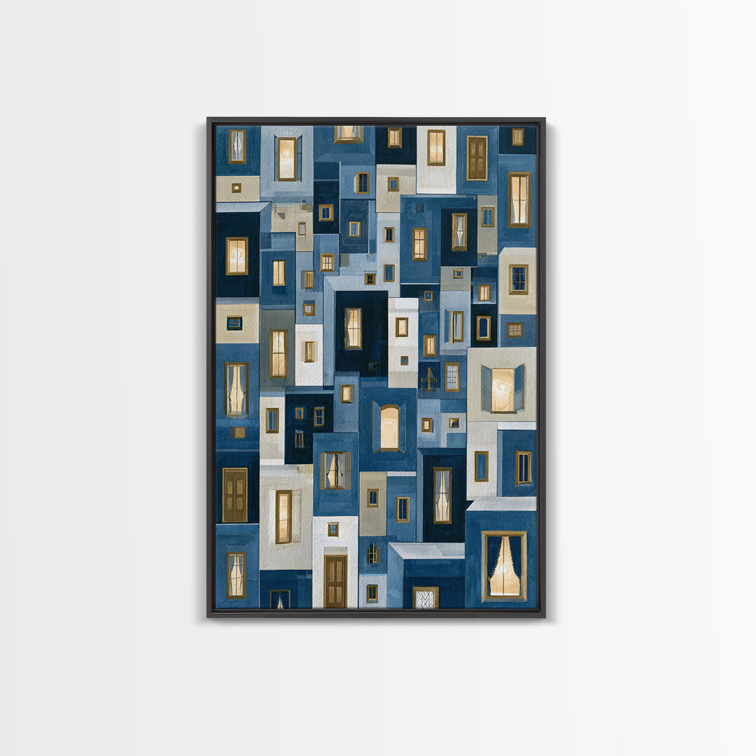 Naive Cityscape with Patterned Windows Framed Canvas Print, Eclectic Art, Luxury Decor, Living Room Decor, Fine Art, Eclectic, ECL-2x3-68