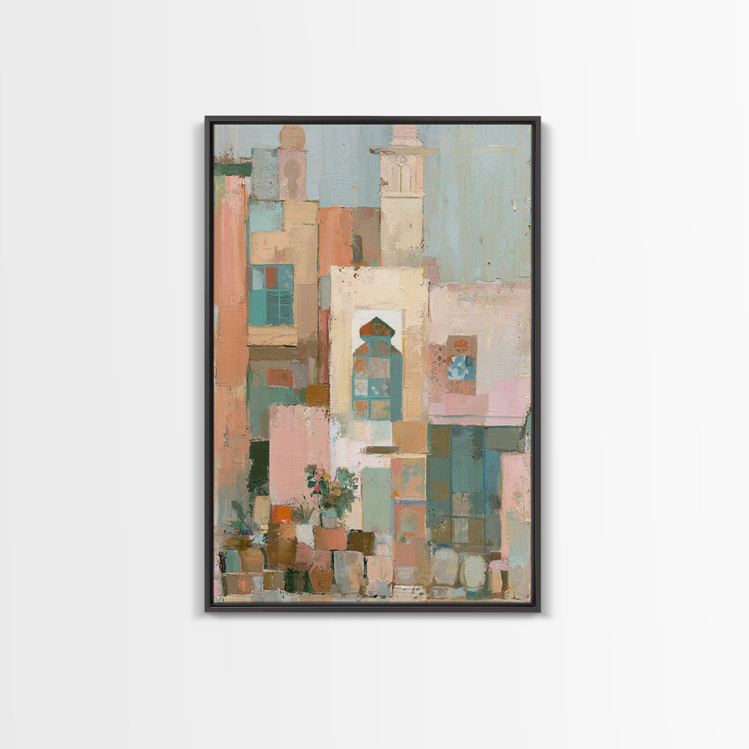 Naive Cityscape with Patterned Windows Framed Canvas Print, Eclectic Art, Original Art, Living Room Decor, Abstract Art, ECL-2x3-92