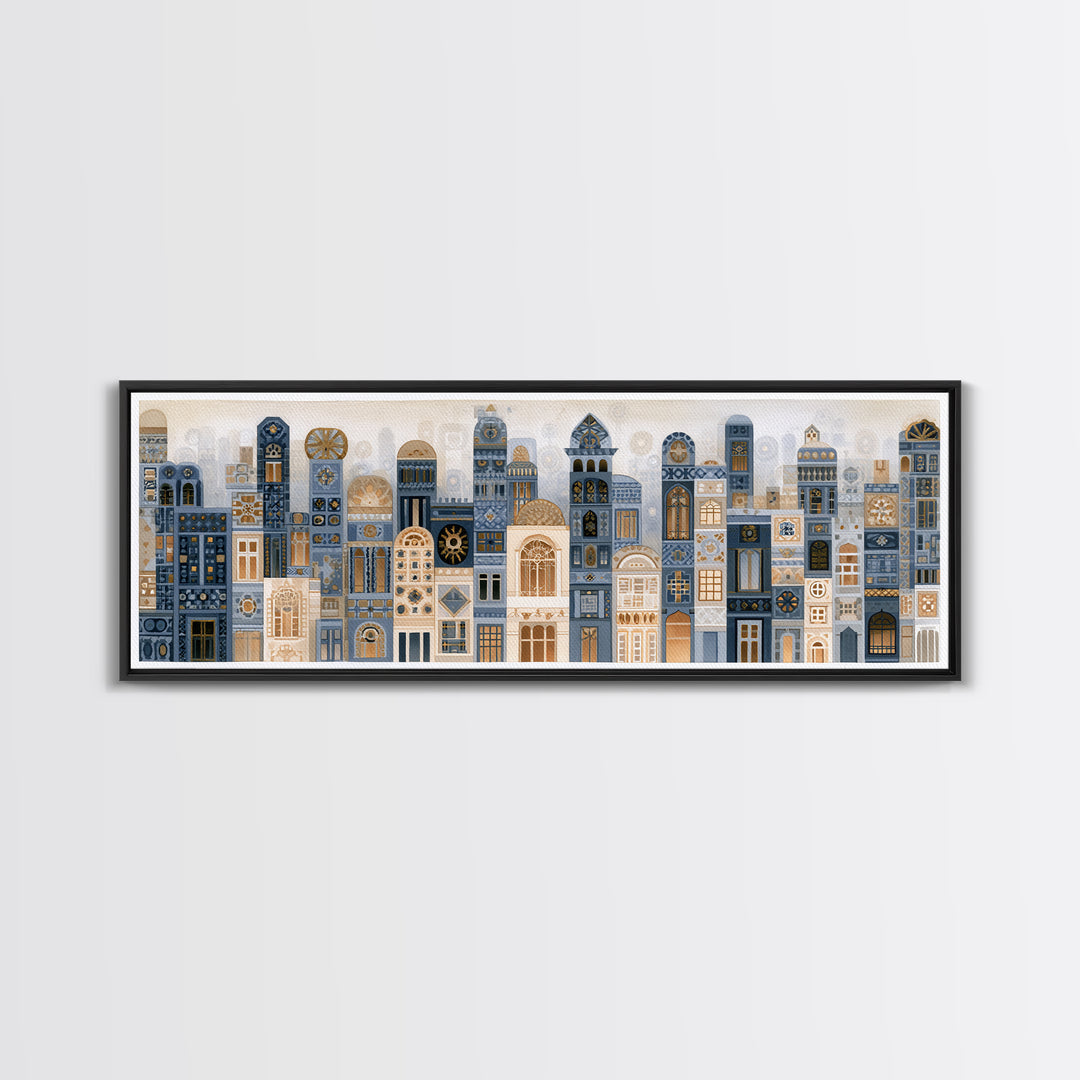 Naive Cityscape with Patterned Windows Framed Canvas Print, Eclectic Art, Home Decor, Living Room Decor, Abstract Art, Eclectic, ECL-3x1-52