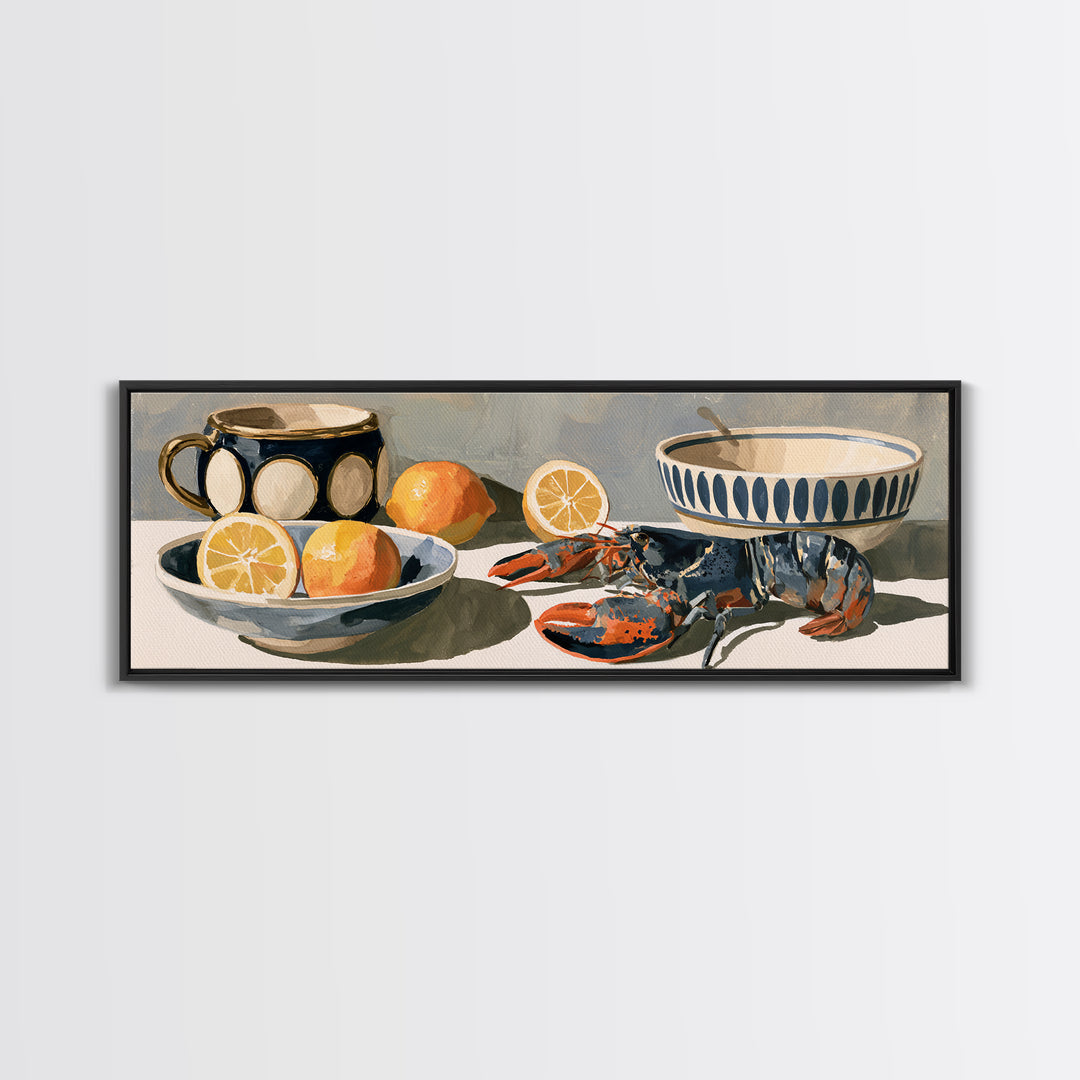Unexpected Lobster and Lemons Still Life Framed Canvas Print, Eclectic Art, Dopamine Decor, Living Room Decor, Eclectic, ECL-3x1-58