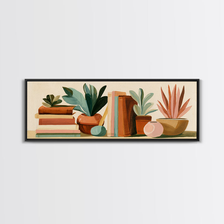 Colorful Book and Plant Still Life Framed Canvas Print, Eclectic Art, Art Prints, Living Room Decor, Fine Art, Eclectic, ECL-3x1-63