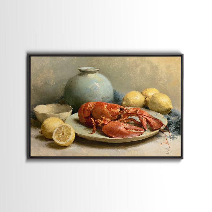 Unexpected Lobster and Lemons Still Life Canvas Print, Eclectic Art, Boho Wall Art, Living Room Decor, Oil Painting, Eclectic, ECL-3x2-22